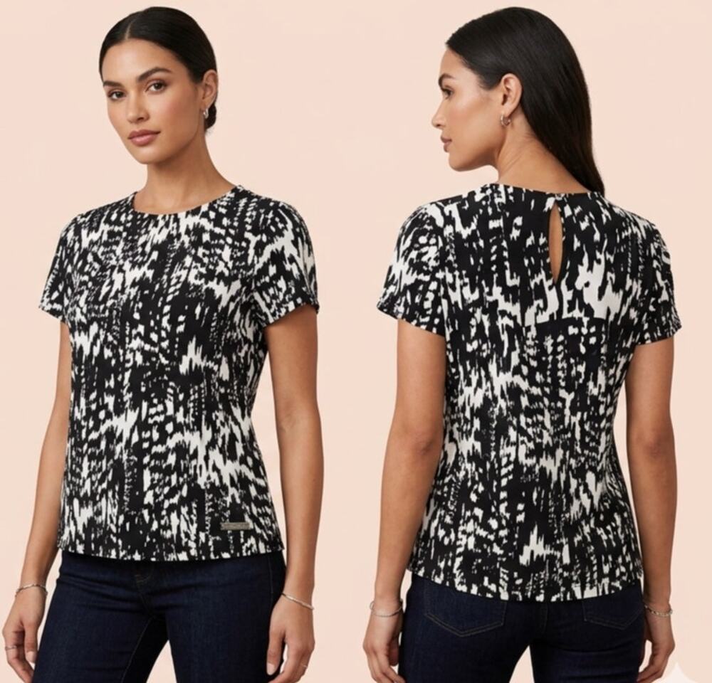 Calvin Klein Keyhole Top Women’s L Black White Stretch Jersey Abstract Workwear